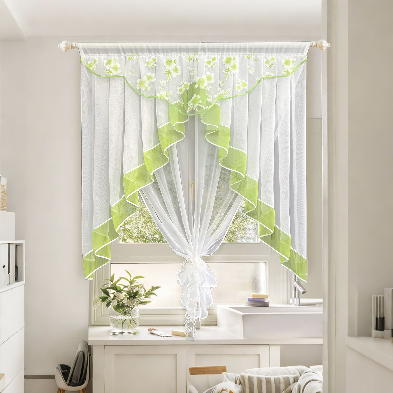 Home Office Romance - Blossom Print Sheer Curtains Set Voile